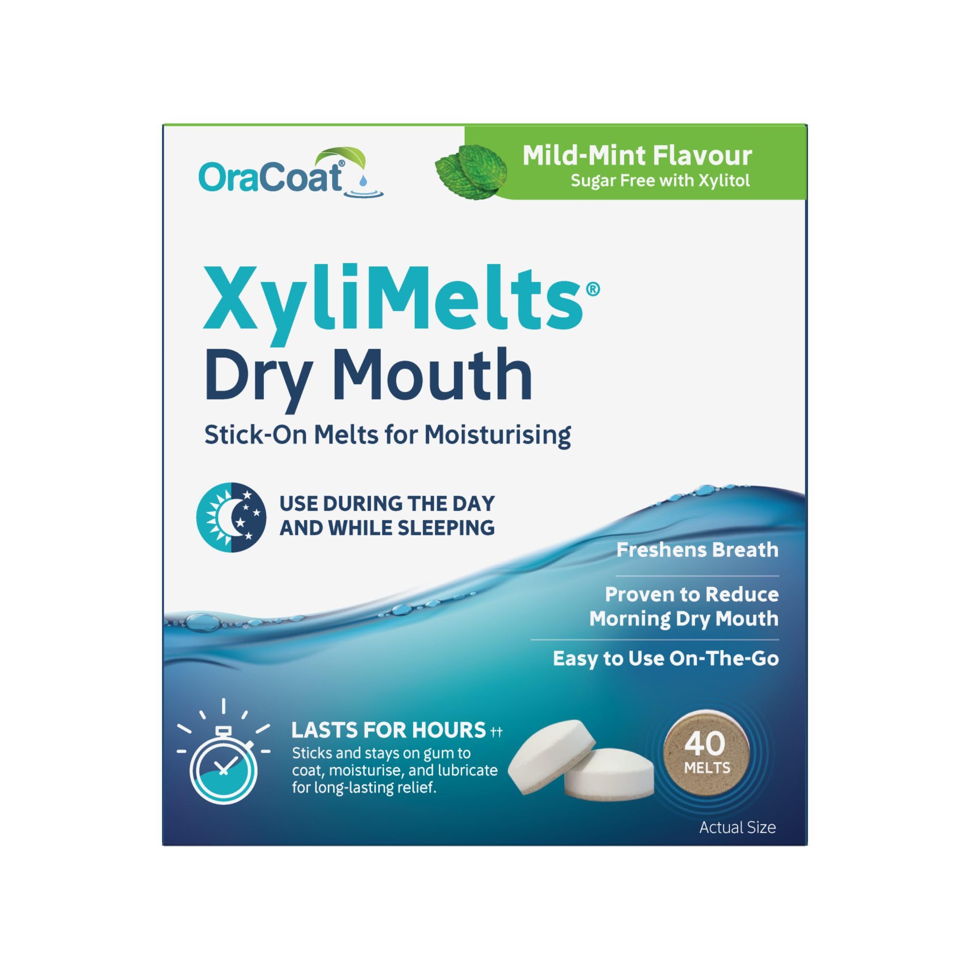 XyliMelts Dry Mouth Relief Discs Mild Mint (40 Count) – Xylitol Oral Adhering Tablets for Nighttime or Day Use, Long-Lasting Dry Mouth Relief & Saliva Support