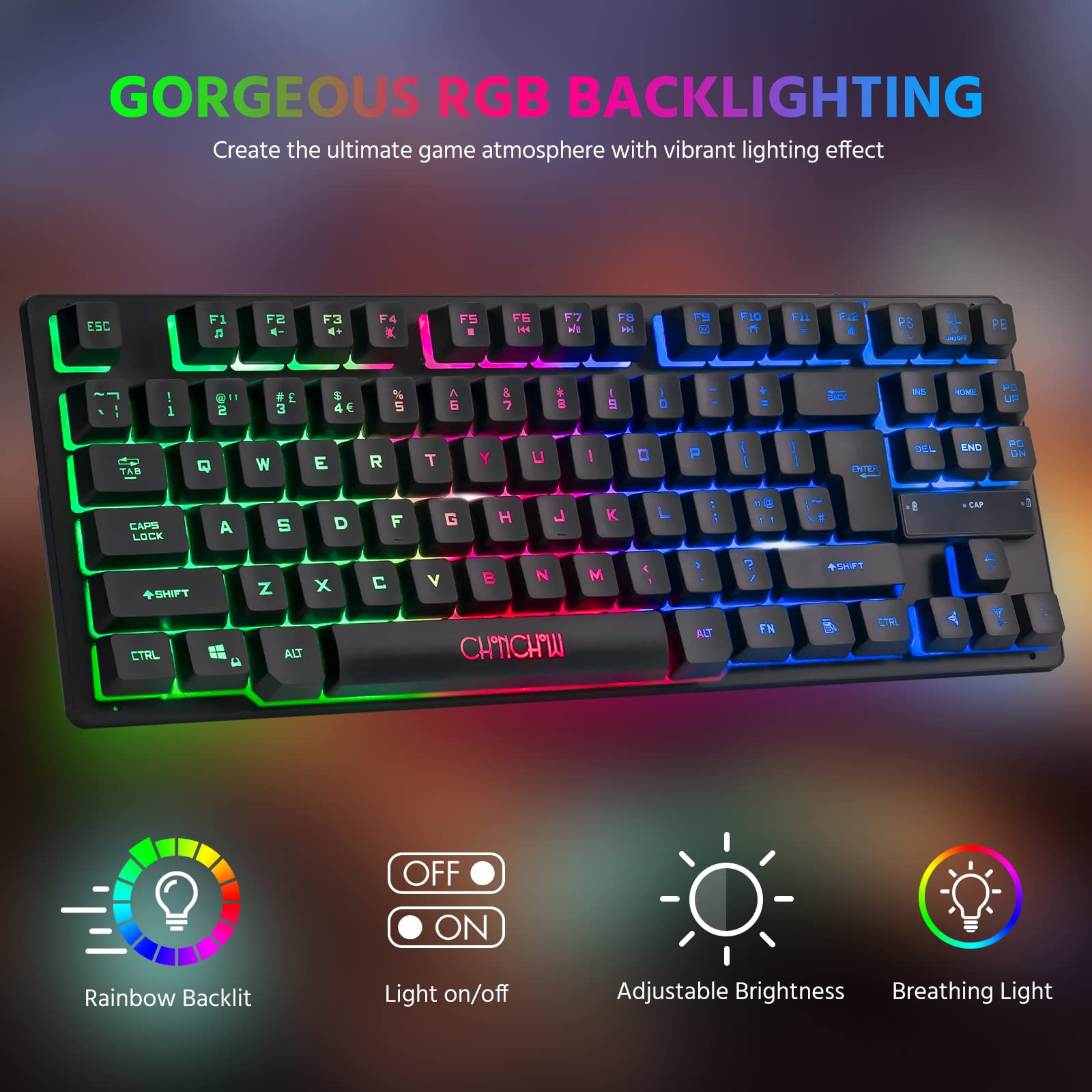 CHONCHOW Wireless LED Keyboard, Rechargeable 87 Key RGB LED Backlit Wireless Gaming Keyboard for PC, PS4, PS5, Xbox One