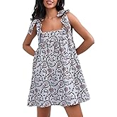 Women Y2k Boho Mini Dress Floral Tie Shoulder Ruffle Short Dress Flowy A Line Loose Beach Sundress