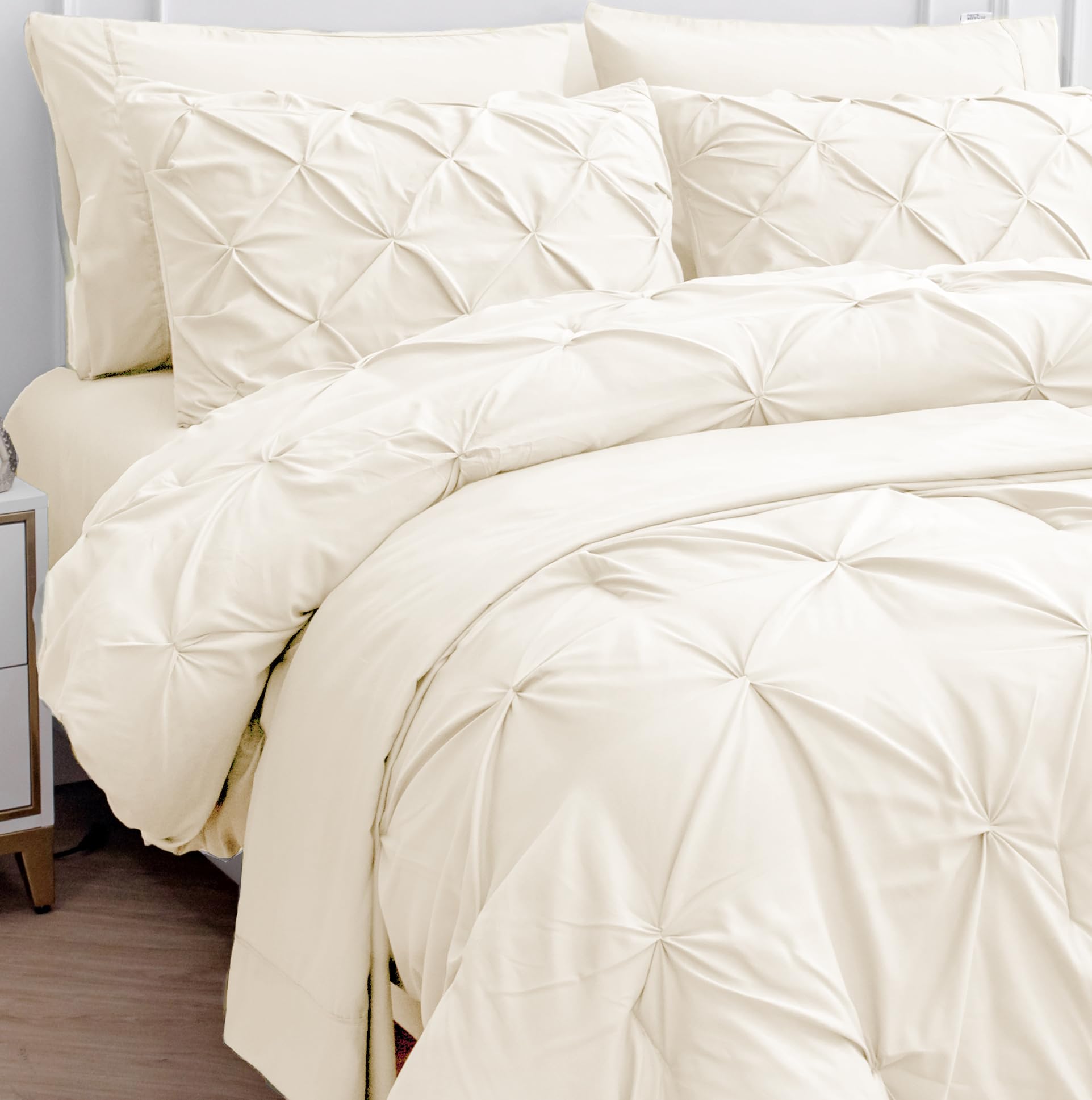 LANE LINEN King Comforter Set – 7 Piece Pintuck Bed in a Bag - Down Alternative Bedding with Comforter, Sheets, Pillowcases & Shams - Ultra Soft, Hotel Quality Cloud Like Comfort Everyday Use – Ivory