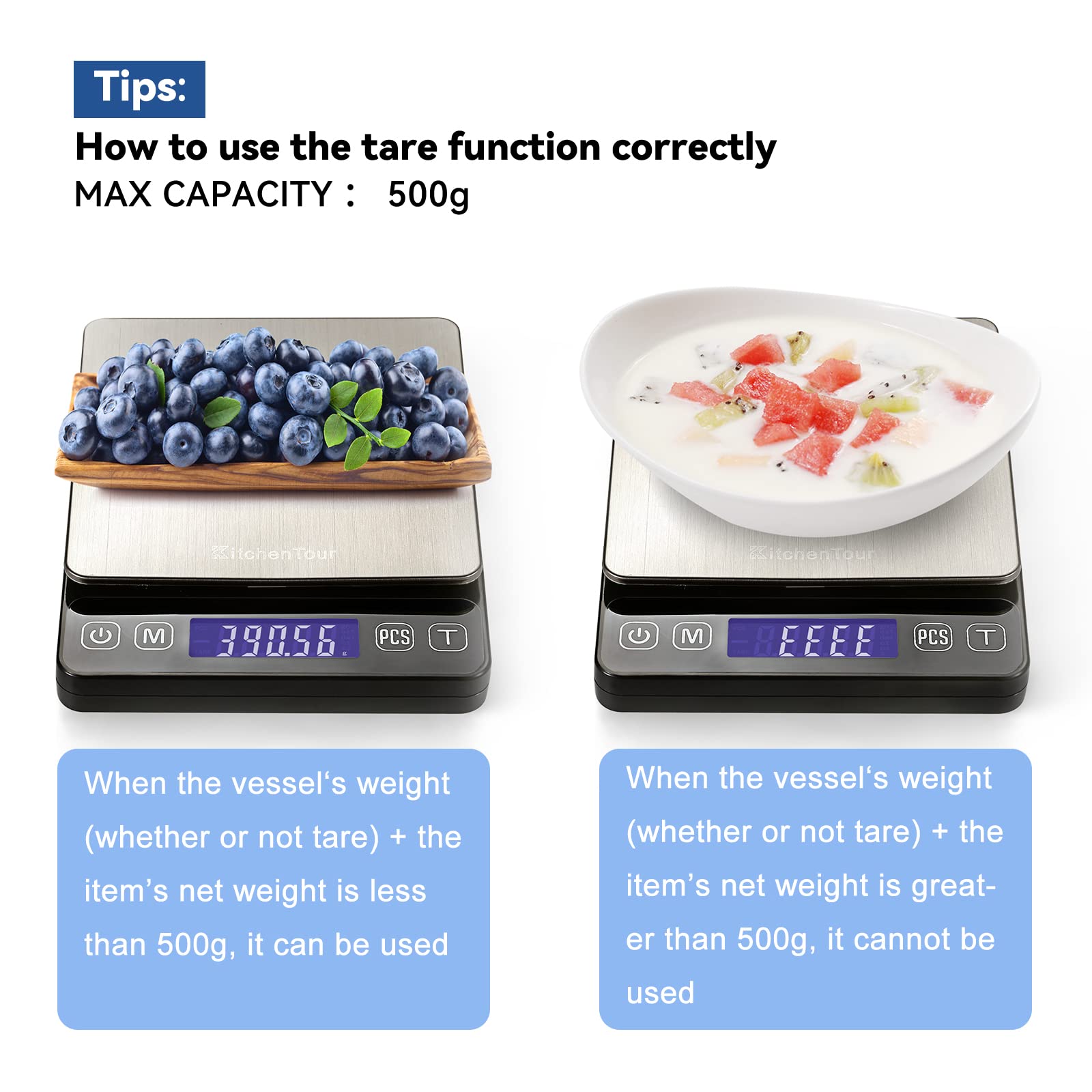 KitchenTour Digital Kitchen Scale - 500g/0.01g High Accuracy Precision Multifunction Food Meat Scale Small Scale Jewelry Lab Carat Powder Scale with Back-Lit LCD Display(Batteries Included)