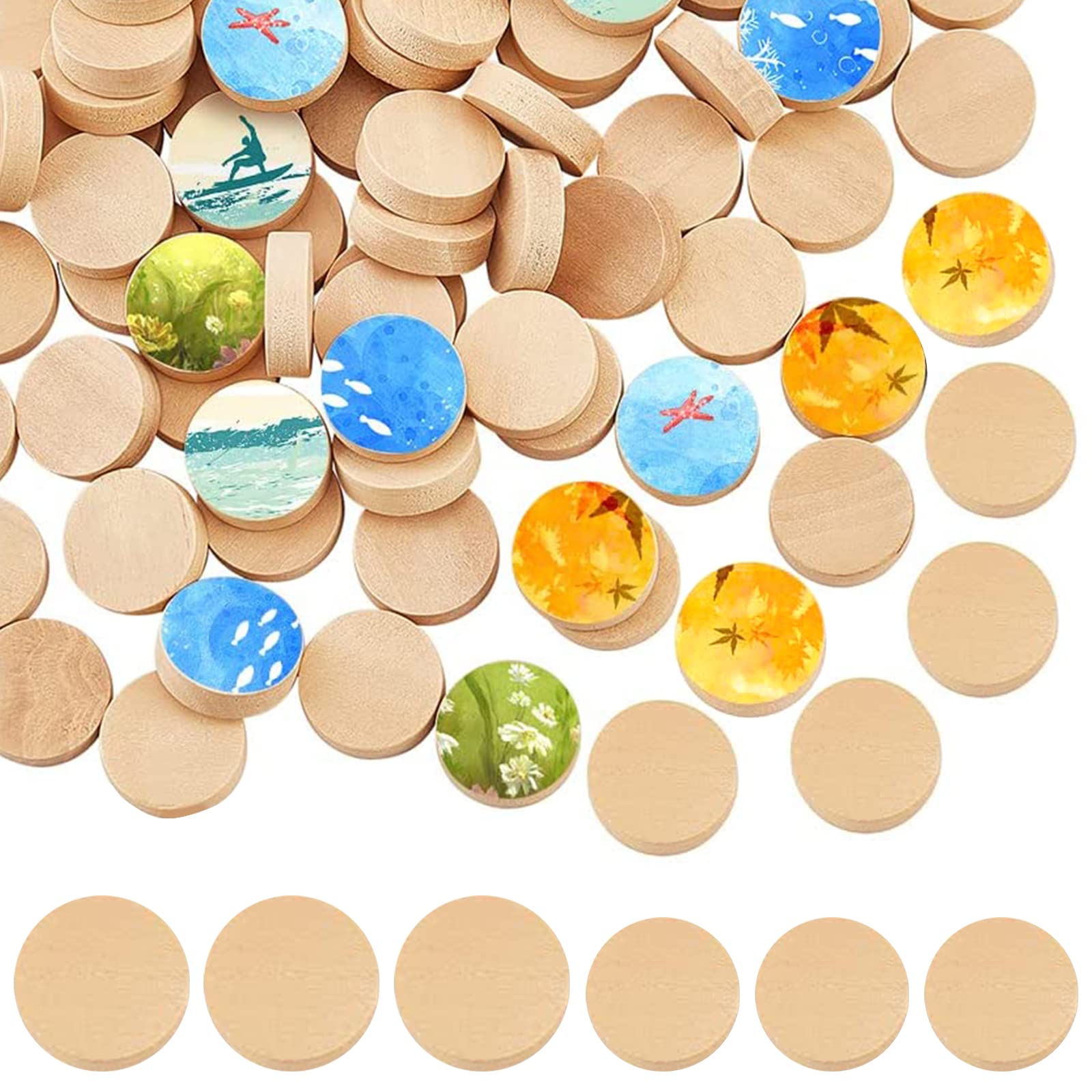 200 Pieces Wooden Circle for Painting - 20mm and 15mm Slices - Mini DIY Circles for Crafts, Pictures, Weddings and Home Decoration