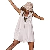 AICHARMWA Women's Zip Up Romper Sleeveless Athletic Hooded Summer Loose Shorts Jumpsuits with Pockets
