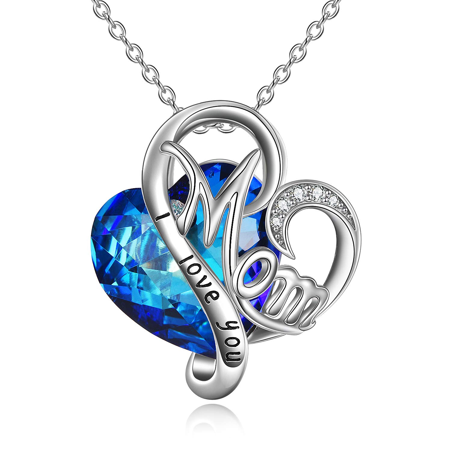 Gifts for Mum, 925 Sterling Silver Heart Necklace with September Birthstone Sapphire Crystal Pendant Jewellery (Sapphire Blue)