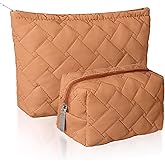 Huhumy 2 Pc Christmas Gift Makeup Bag Set Cute Quilted Cosmetic Pouch for Women Travel Toiletry Bag Preppy Small Makeup Purse Pouch Skincare Brushes Storage Organizer Pencil Case Set(Brown)