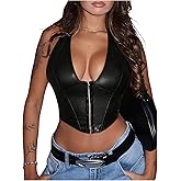 Floerns Women's Y2K PU Leather Halter Neck Hook Eye Backless Asymmetrical Party Crop Tank Top