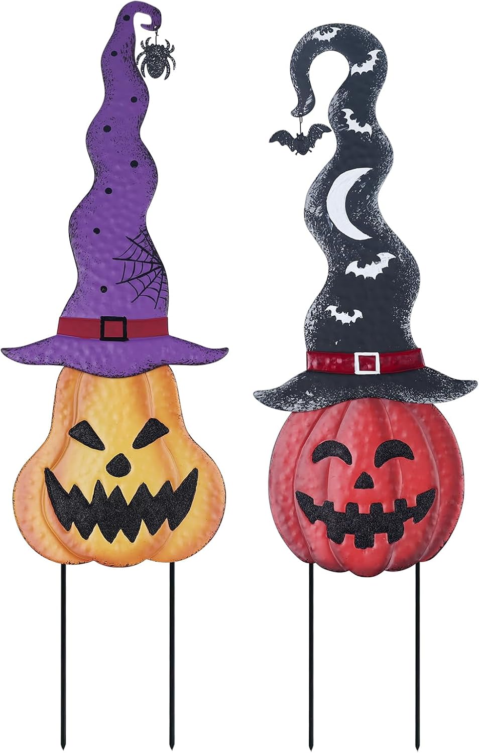 Decorative Garden Stakes - YEAHOME Halloween Decorations Outdoor, Set of 2 Pumpkin Garden Stakes with Witch Hats for Halloween Decor, Jack o' Lantern Metal Pumpkin Yard Signs for Outside Garden Lawn Patio Party Decorations