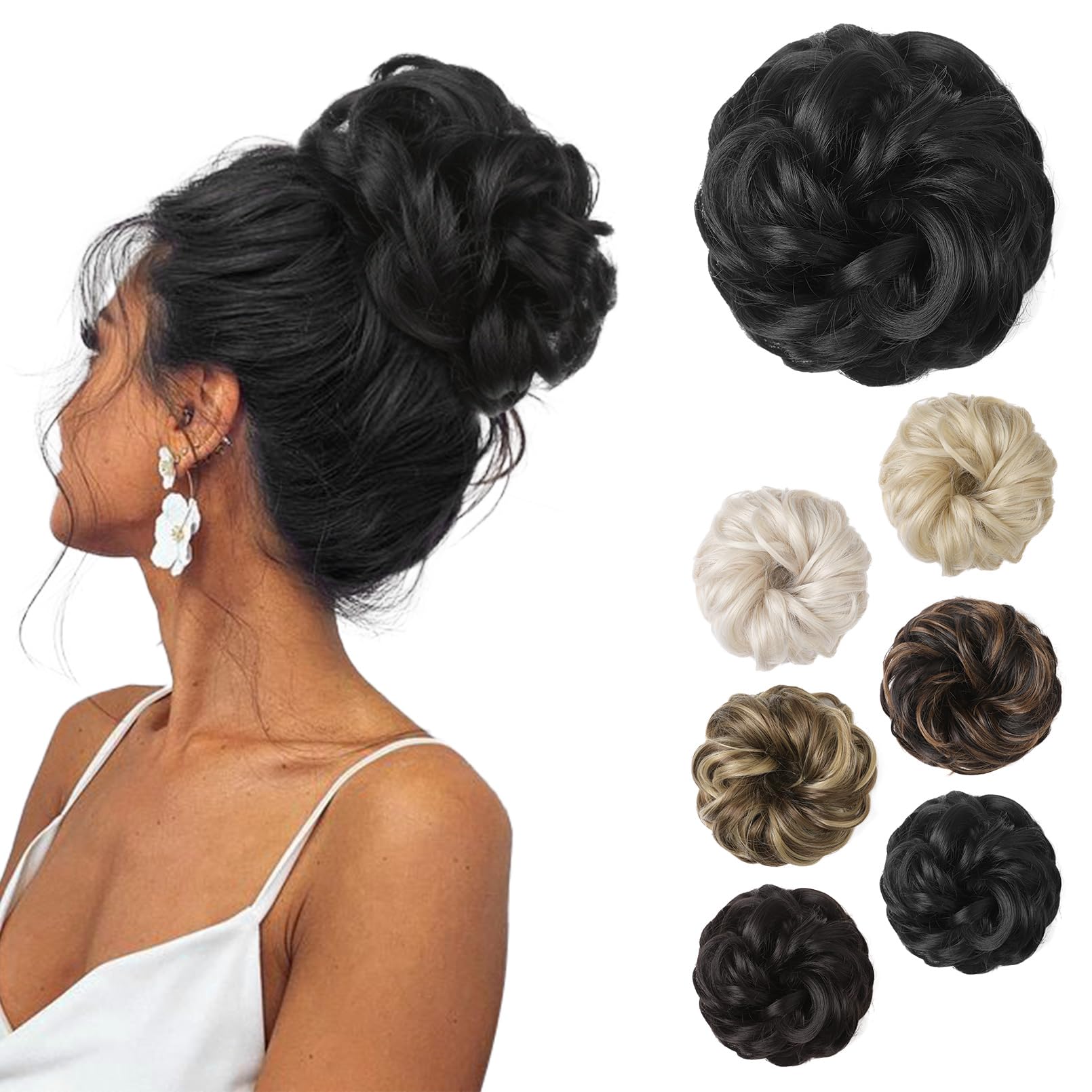 REECHO Messy Bun Hair Piece - Thick Tousled Updo Elastic Synthetic Ponytail Extensions for Women - Donut Hair Accessories Scrunchies - Black