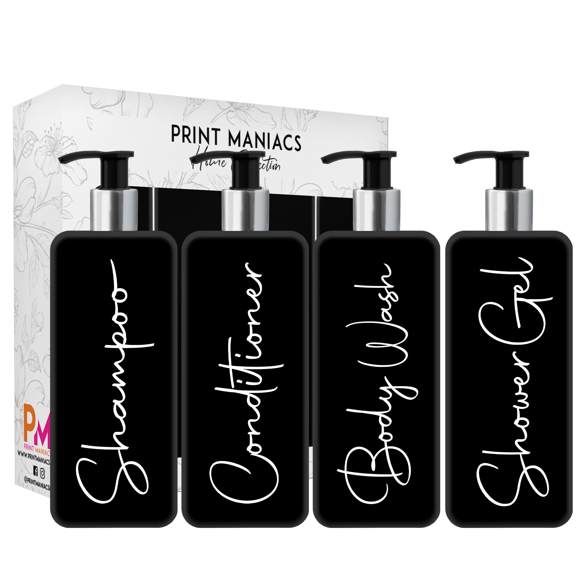 Print ManiacsMrs Hinch Inspired Signature Black 500ml Square Reusable Dispenser Bottle Silver Pump Personalised Bathroom Storage Toiletries Set F2 (White, Shamp, Con, Body Wash, Shower Gel)