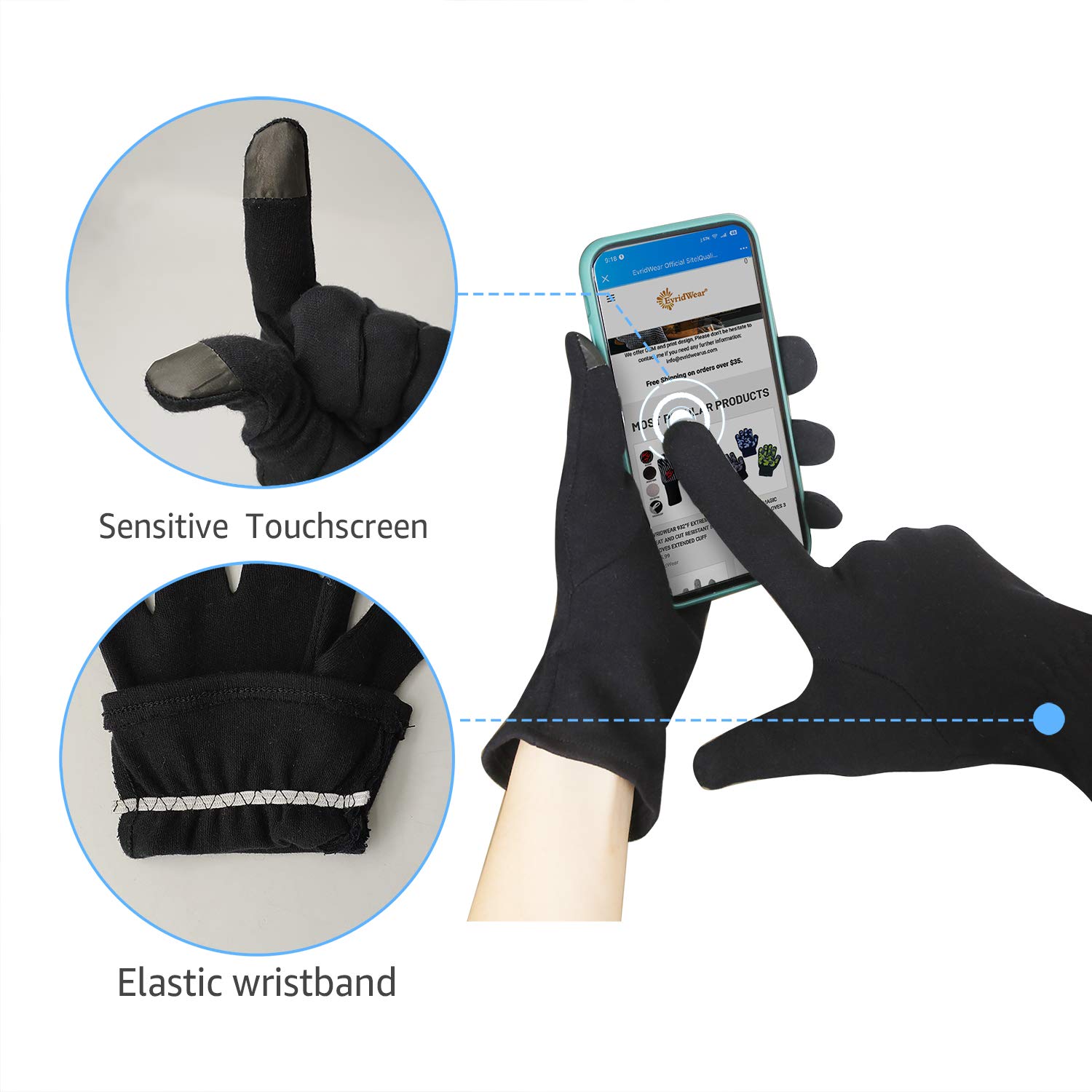 EvridWear 100% Cotton Touchscreen Moisturizing Beauty Gloves with Elastic Cuff, Natural Cosmetic Therapy Gloves for Eczema SPA Dry Hands Care Overnight (Black, Large) 2 Pairs : Beauty