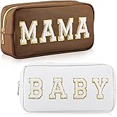 Sanwuta 2 Pieces Mama Gifts Makeup Bag Mom Pouch Birthday Gifts Nylon Cosmetic Bag Mothers Day Appreciation Toiletry Preppy Patch Chenille Letter for Women Her New Mom(Camel, White,Baby and Mama)