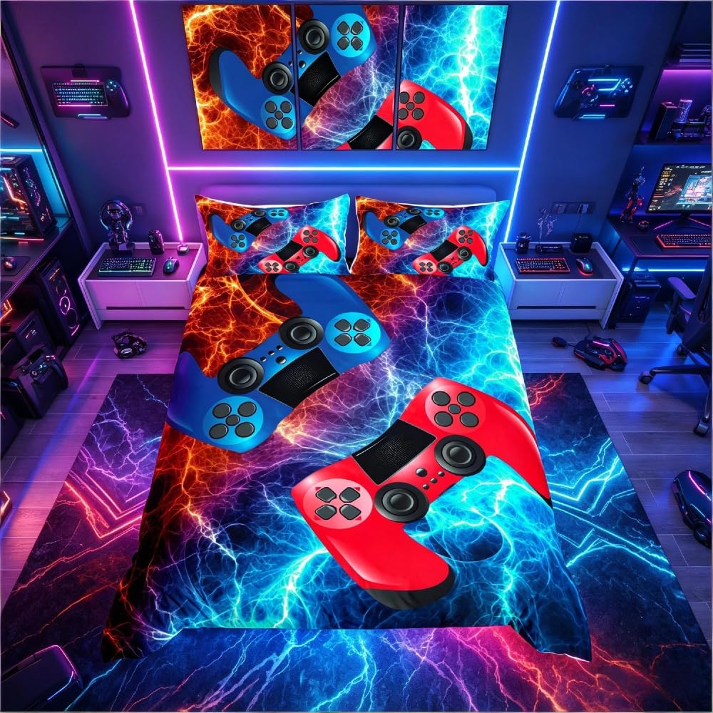 Loussiesd Games Bedding Set Gamepad Pattern Duvet Cover Set for Kids Boys Girls Red Blue Video Joystick Controller Bedding & Linen Gradient Marble Decor Quilt Cover Bedroom Collection 3Pcs King Size — image 1