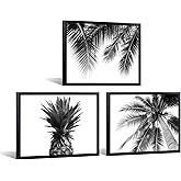 KREATIVE ARTS 3 Pieces Modern Elegant Black And White Palm Tree Leaves and Pineapple Giclee Canvas Prints Wall Art Picture Living Room Bedroom Home Decorations Each Size 12x16 Inches