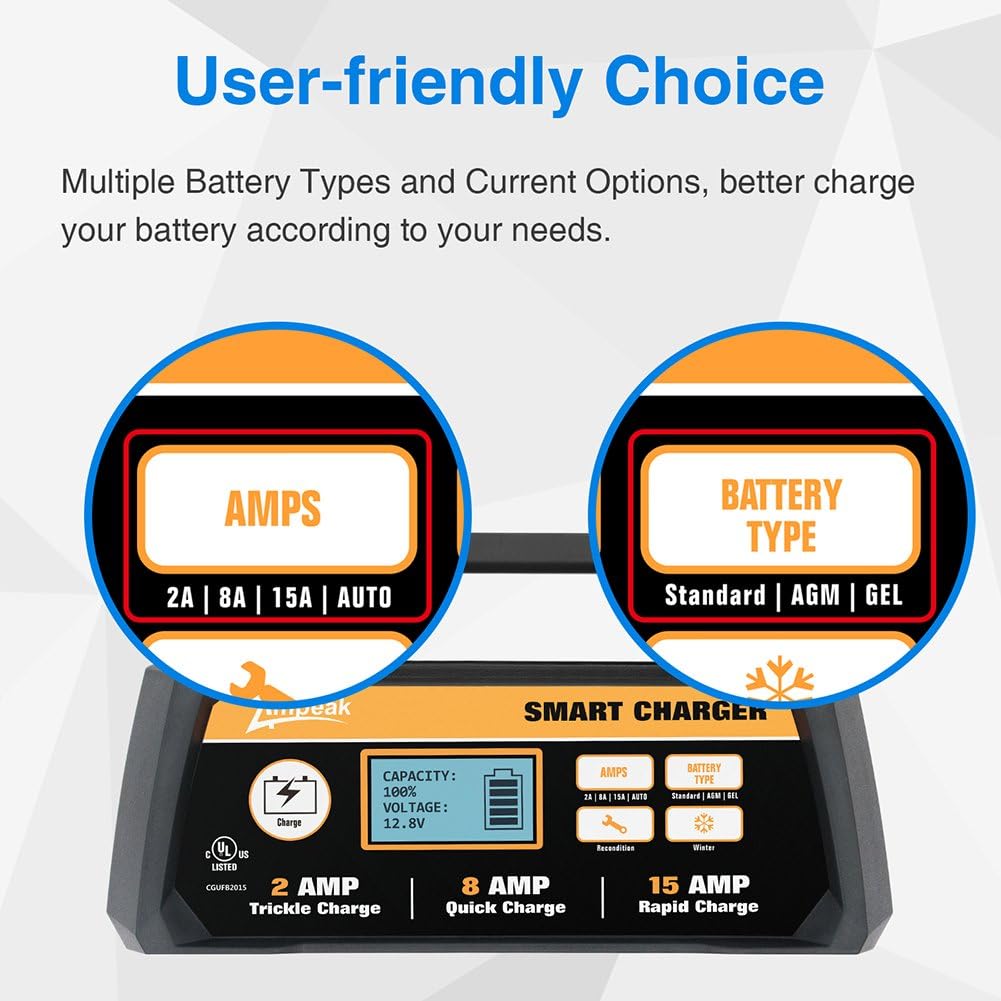 Ampeak 2/8/15A 12V Smart Battery Charger/Maintainer Automatic with Winter Mode: Automotive