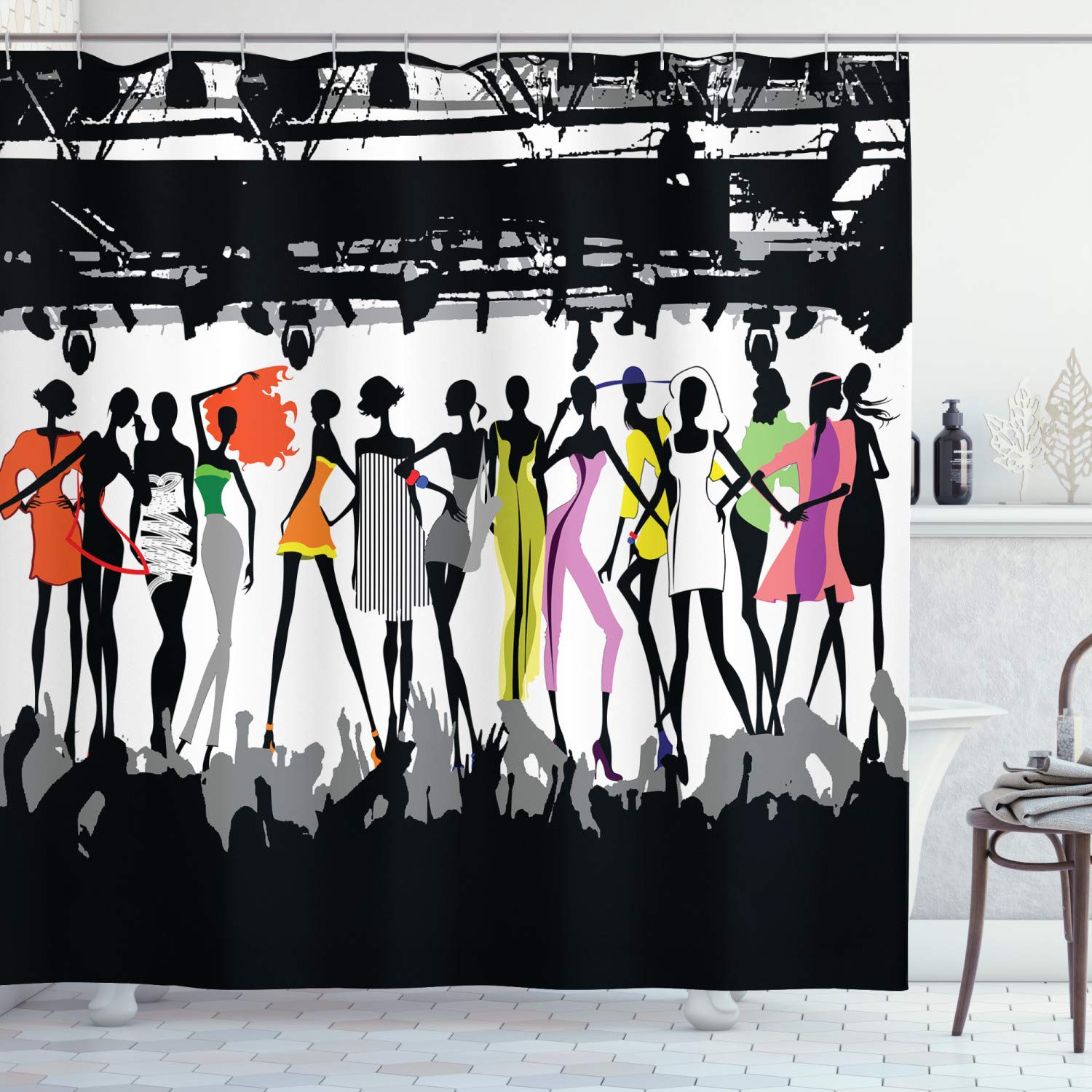 ABAKUHAUS Funny Shower Curtain, Modern Colorful Fashion Bodycon Runway Stage Concert Form Top Models, Cloth Fabric Bathroom Decor Set with Hooks, 70 Inches, White Coral Purple — image 1