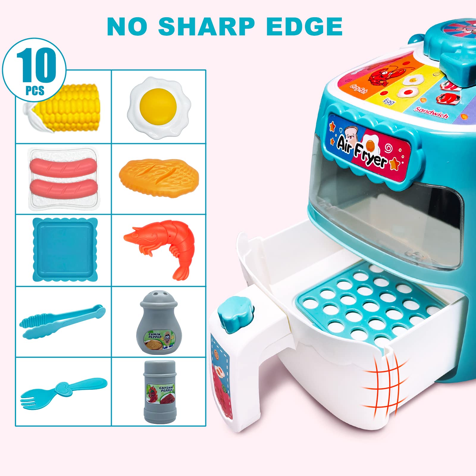 Toy Air Fryer, Play Kitchen Appliances with Music and Light, Pretend Play Food Set for Toddlers, Kids, Kitchen Playset Music & Color Changing Foods, Gift for Boys and Girls 2 3 4 5 Years Old