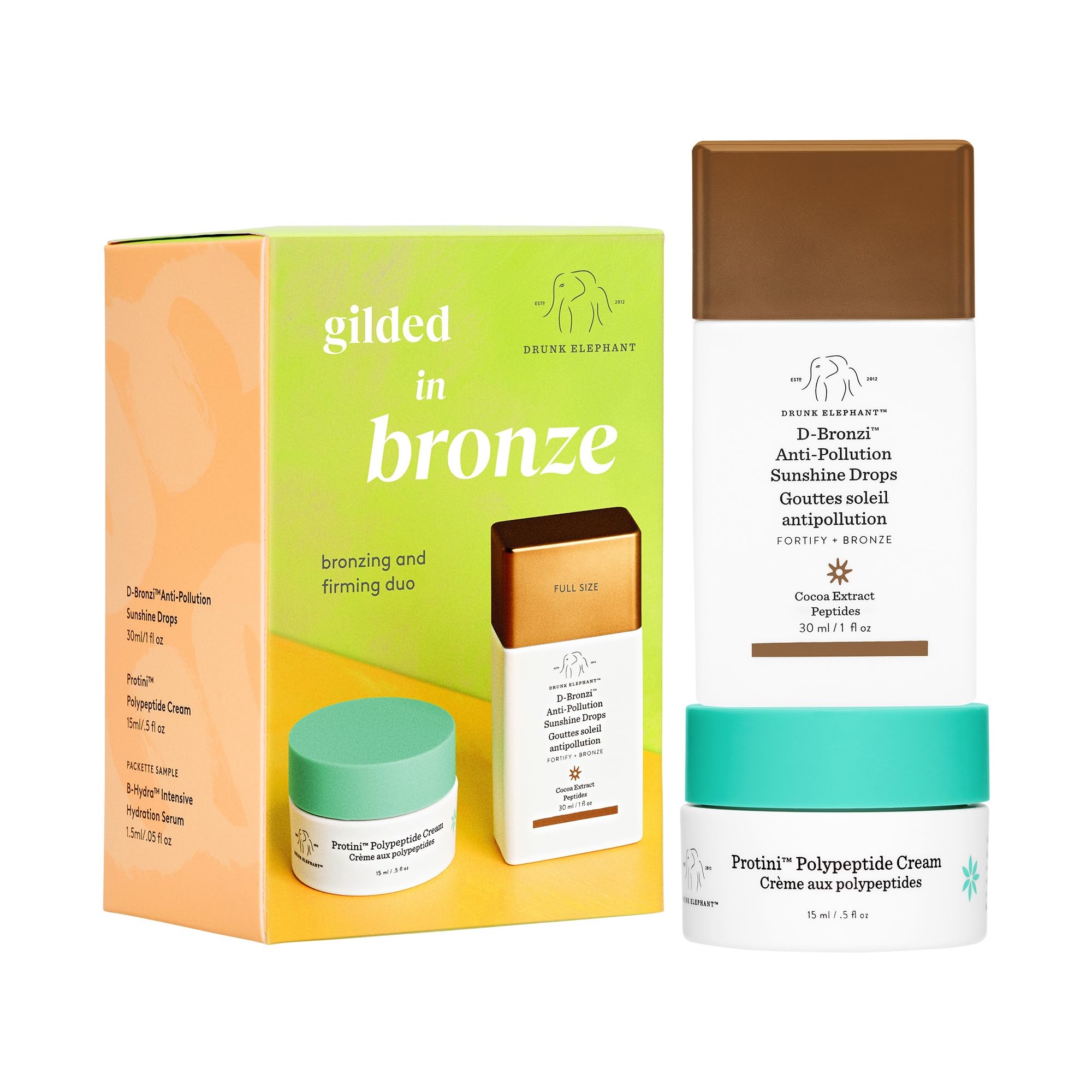 Drunk Elephant Gilded in Bronze Kit - Includes D-Bronzi Anti-Pollution Sunshine Drops (30 ml/1 fl oz) & Protini Polypeptide Cream (15 ml/0.5 fl oz) - Amazon Exclusive Holiday Gift Set Image