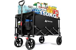Hikenture Wagon Cart Foldable, 150kgs Large Capacity Folding Wagon, Heavy Duty Utility Grocery Cart with Wheels, 1-Second Set