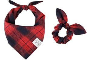 E-Clover Christmas Dog Bandana & Matching Scrunchie Set Plaid Dog Kerchief Triangle Scarf Bibs for Medium Large Dog Girl Boy 