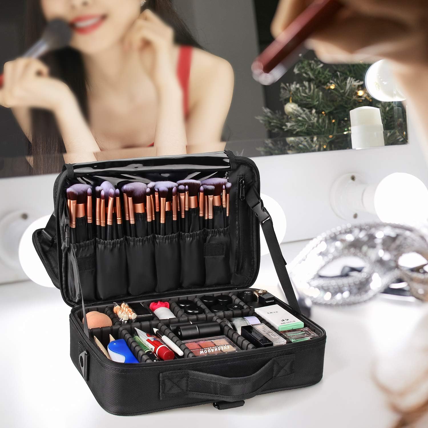 Relavel Makeup Bag Travel Makeup Train Case 13.8 inches Large Cosmetic Case Professional Portable Makeup Brush Holder Organizer and Storage with Adjustable Dividers and Shoulder Strap Black