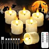 CAQUIRU 6 Pack Small Rechargeable Flameless Candles with Remote Timer | 1.5"x2" LED Tea Lights Flickering Mini Candles Battery Operated Votive Fake Candles for Halloween Wedding Party Table Decor