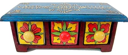 Store Utsav Wooden Chest 3 Drawer Ceramic Horizontal Boho Chic Rugged Home Decor