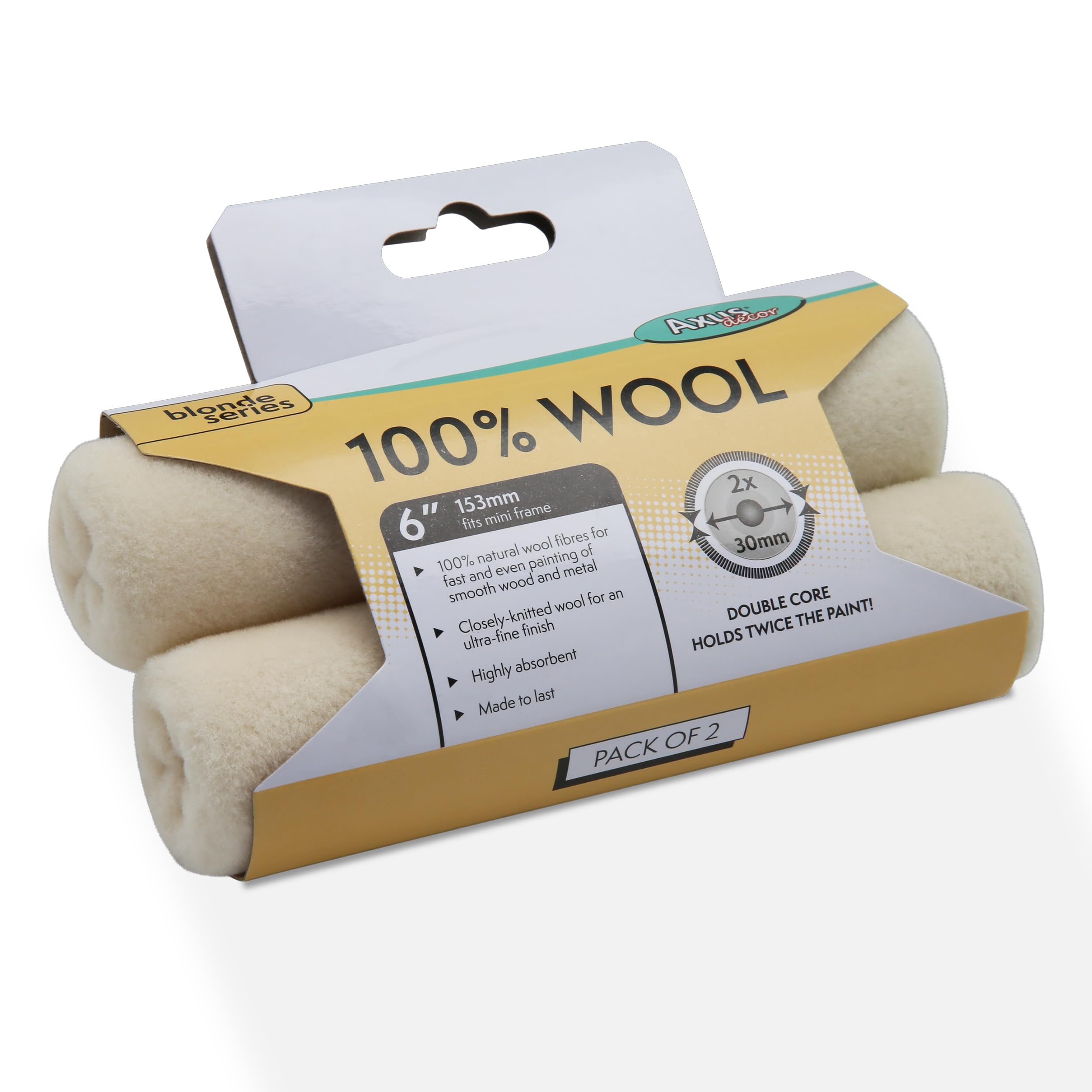Axus Decor 100% Wool Roller (Blonde Series) Paint Roller Sleeve, Mini Sleeve, for Smooth Wood & Metal Surface - Compatible with Standard 6"/150mm Double Core,2Pk