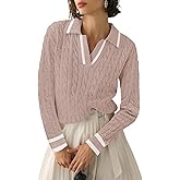 Micoson Womens Fall Long Sleeve Sweaters Lapel V Neck Cable Knitted Pullover Casual Soft Jumper Top