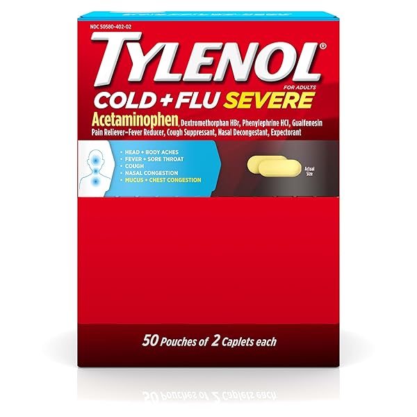 TYLENOL COLD + FLU SEVERE MEDICINE CAPLETS FOR COLD & FLU SYMPTOM RELIEF, FEVER REDUCER, PAIN RELIEVER, COUGH SUPPRESSANT, NASAL DECONGESTANT & EXPECTORANT, 50 POUCHES OF 2 CT.