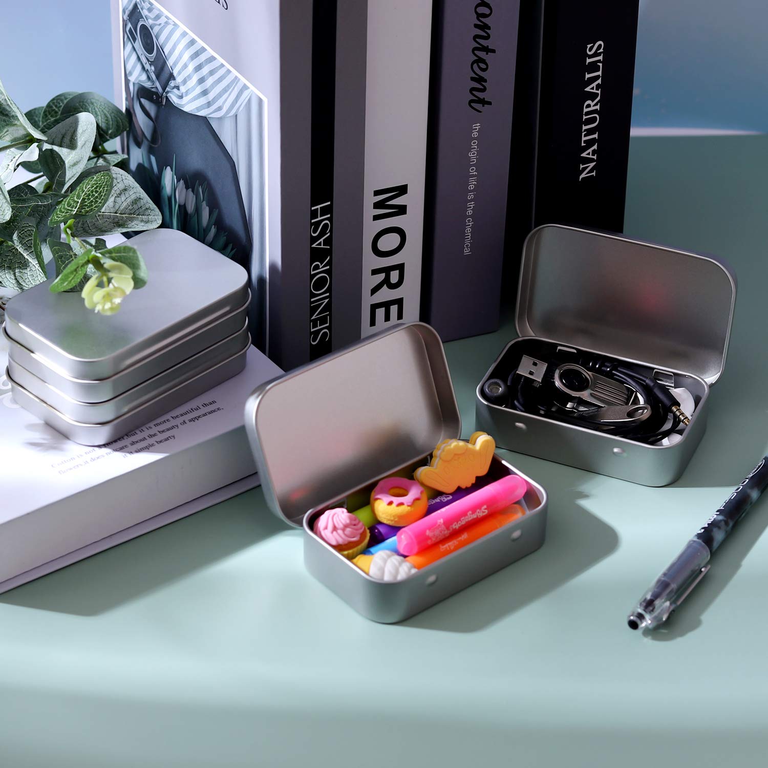 Metal Rectangular Empty Hinged Tins - Pack of 40 Silver Mini Portable Box Small Storage Kit & Home Organizer with lids craft containers 3-1/2''X2-1/2''X4/5''