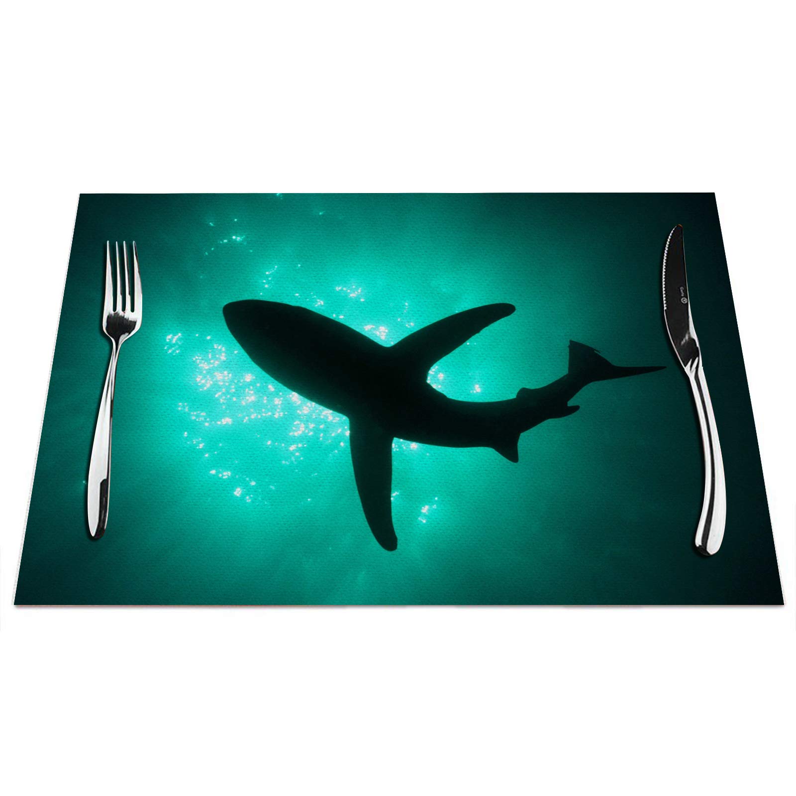 Photo 1 of Sea Shark Placemats Set of 4, Swimming Sea Shark Cold Green Sea Placemats Heat Resistant for Dining Table Non-Slip 18x12 Inches
