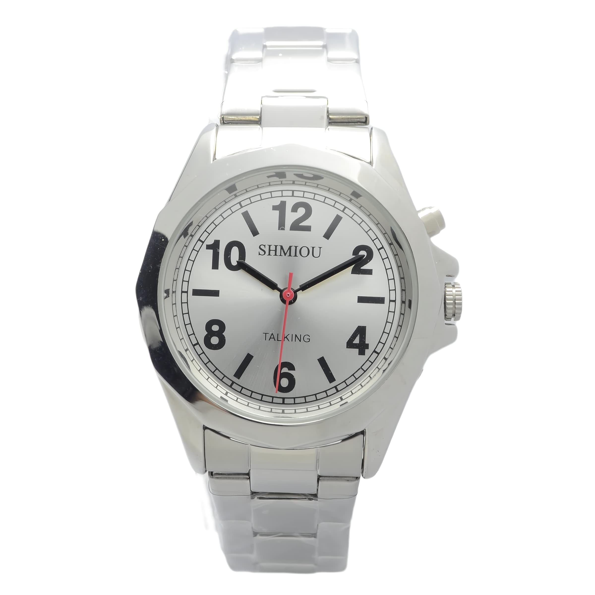 SHMIOU English Talking Watches for Senior Blind Visually Impaired Retractable Watchband Bracelet Quartz Analog for Unisex Man Woman Silver Wrist Watch