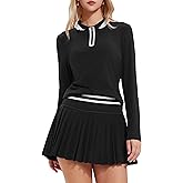 Tennis Skirt Sets for Women Zipper Color Block High Waisted Golf Polo Two Piece Skirt Set Women 2 Piece Outfits