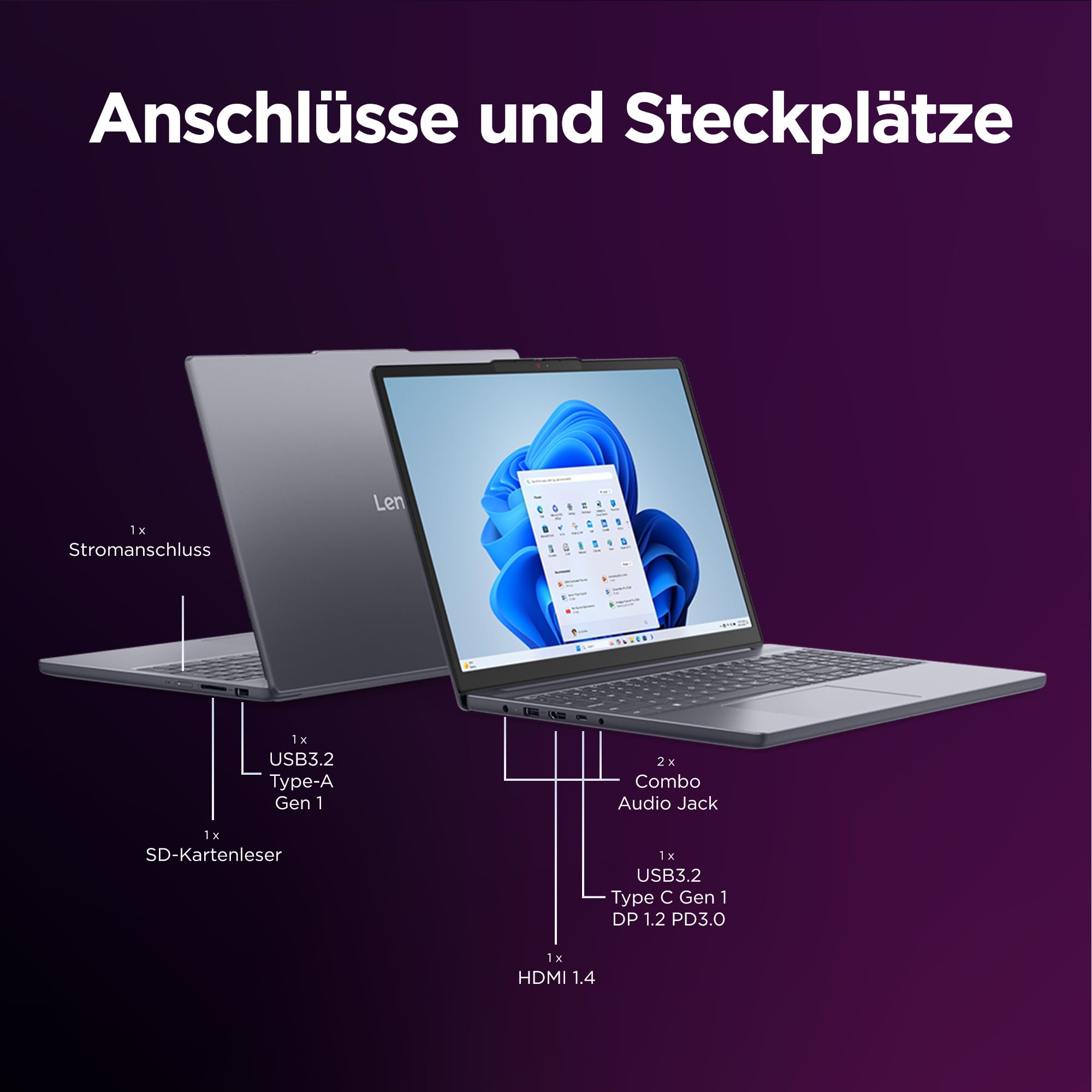 Lenovo IdeaPad Slim 3i Laptop | 14" WUXGA Display | Intel Core i5 13420H | 16GB RAM | 512GB SSD | Intel UHD Grafik | Win11 | QWERTZ | Luna Grau | 3 Monate Premium Care 9