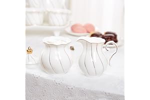 DUJUST White Cream & Sugar Set, Luxury British Design in Golden Trims, 1 Sugar Bowl with Lid (12 OZ), 1 Creamer (8 OZ), Handcrafted Sugar Creamer Set, Decoration for Kitchen