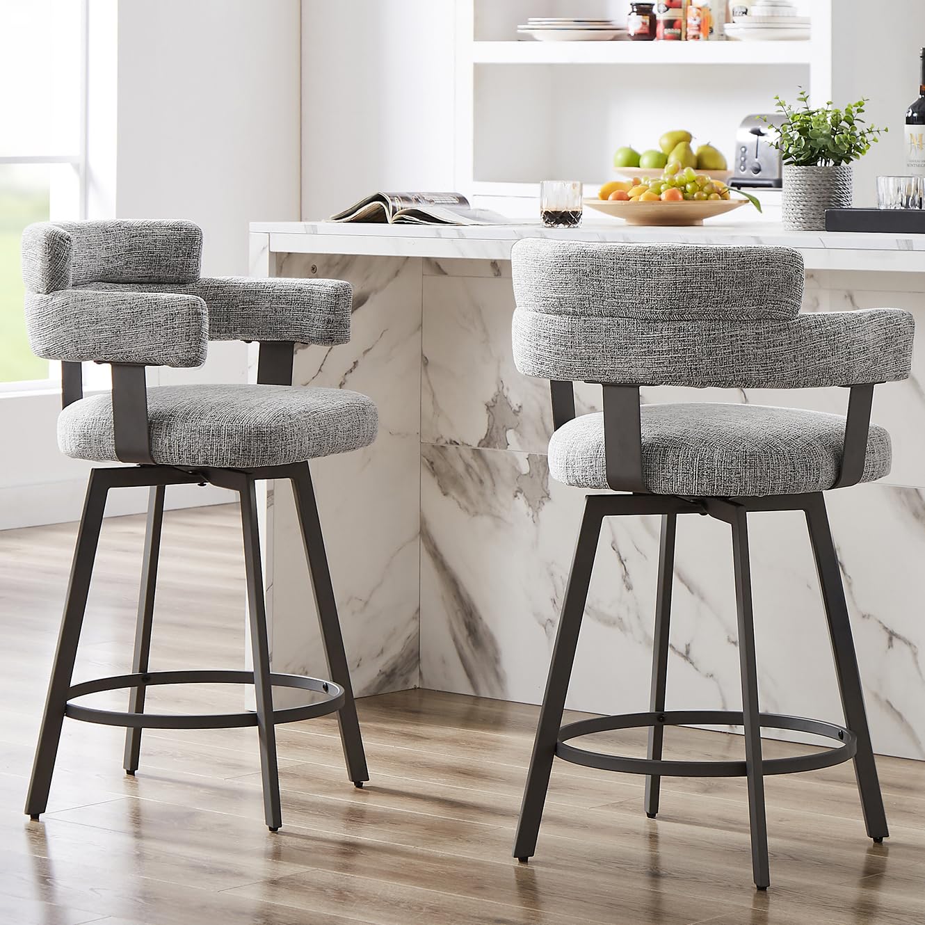Photo 1 of *PARTIAL SET - See Clerk Notes*
FERFALDER Counter Height Bar Stools with Full Back – Swivel Counter Stools Set of 2 with Linen Padded Back, Metal Footrest, Modern Barstools for Kitchen Counter, Island, Dining Room, Grey 24 inch