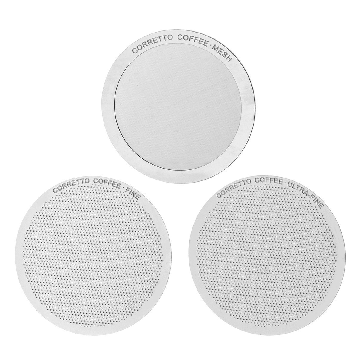 Set of 3 Pro Reusable Filters for AeroPress Coffee Maker - FINE, ULTRA-FINE and MESH - Premium Stainless Steel - Brewing Guide Included
