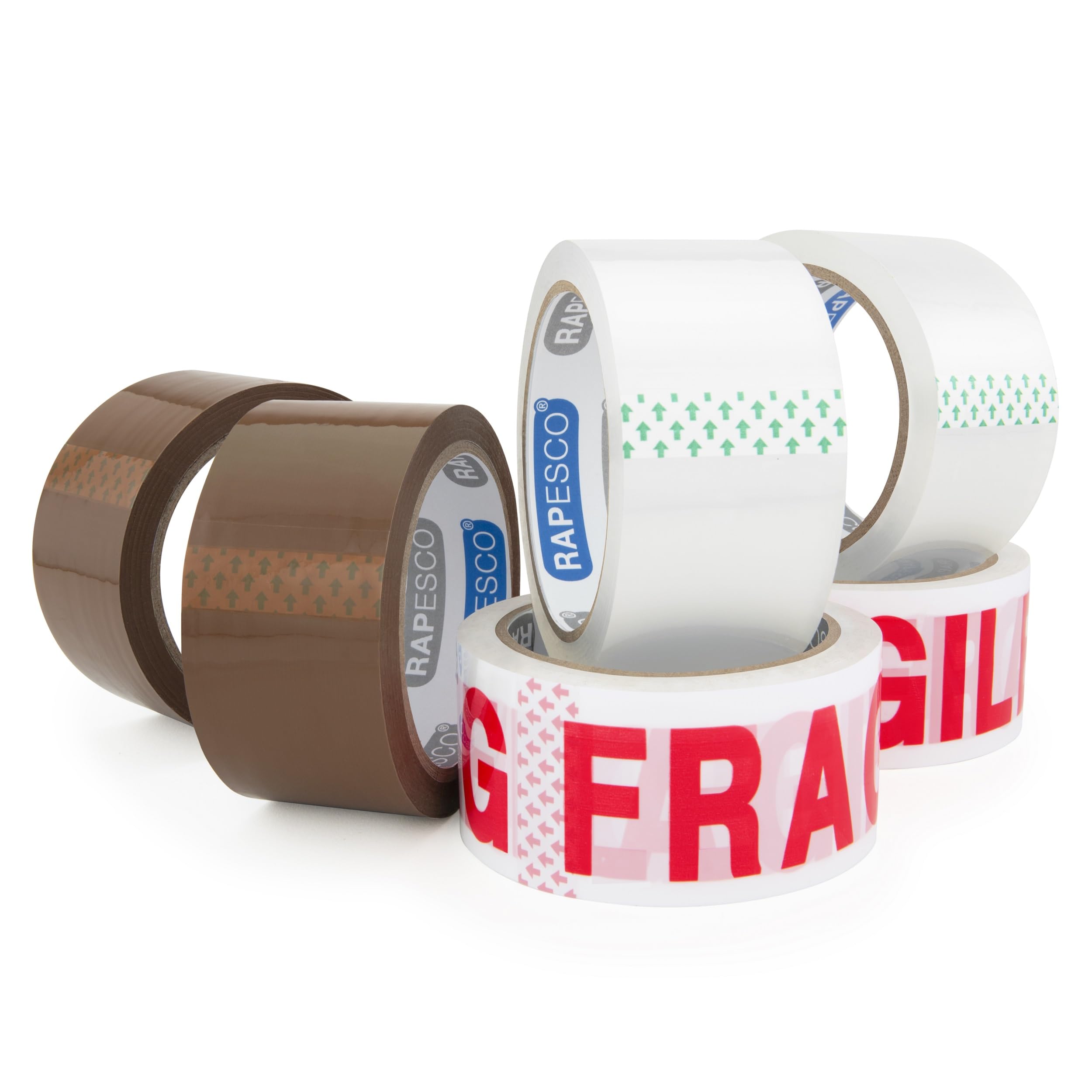 RAPESCO 1687 Strong Packing Tape Variety Pack, 50 mm Wide, Pack of 6 Tape Rolls, 2 x Brown, 2 x Clear, 2 x Fragile