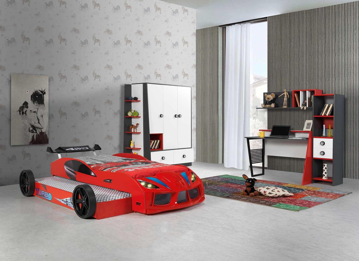 New 3ft Single Red Childrens Kids Speedy Boy Pullout Space Saver Toddler Junior Novelty Racing Car Bed & Mattress with LED Lights and Bluetooth