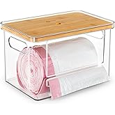 Stackable Trash Bag Dispenser with Wooden Top for Large Rolls – Extra-Large Garbage Bag Holder with Anti-Slip Base, Trash bag Dispenser Under Sink for Kitchen & Pantry Organization (11.5x7.5x7 inches)