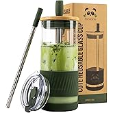 Pandaloo® Glass Cups With Lids and Straws -20 Fl Oz- Perfect Size Iced Coffee Cup - Smoothie Cup With Bamboo Lid and On the go Lid - Glass Tumbler With Straw (1 Count (Pack of 1), Mediterranean Olive)