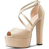 Aachcol Womens Platform Chunky Block Heel Sandals Peep Open Toe High Heels Cross-Strap Wedding Ankle Strap Dress Shoes 5.9 Inches Heels