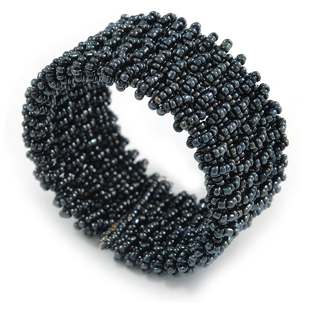 Avalaya Trendy Hematite/Anthracite Glass Bead Flex Cuff Bracelet - Adjustable