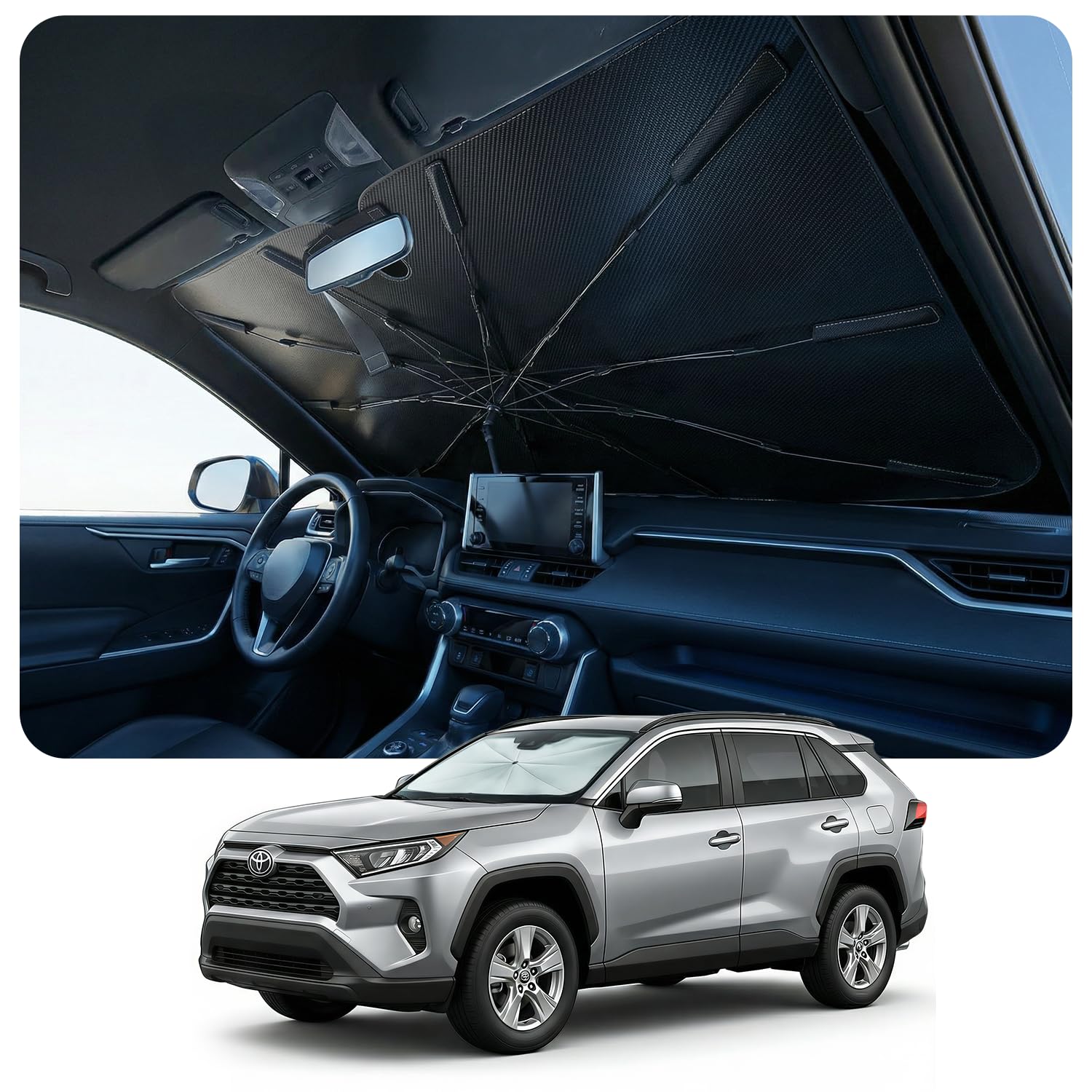 Photo 1 of [Upgraded] DooGooCoo Windshield Sun Shade Umbrella - Medium, Car Sunshade for Front Windshield [UV Block & Heat Shield], Keep Car Cooler & Protect Interior Sun Shade for car Windshield (57"x32")