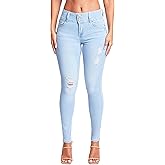 YMI Womens 3-Button High-Rise Skinny Made with Recycled Fibers Jeans, Light Blue Rips, 9 US