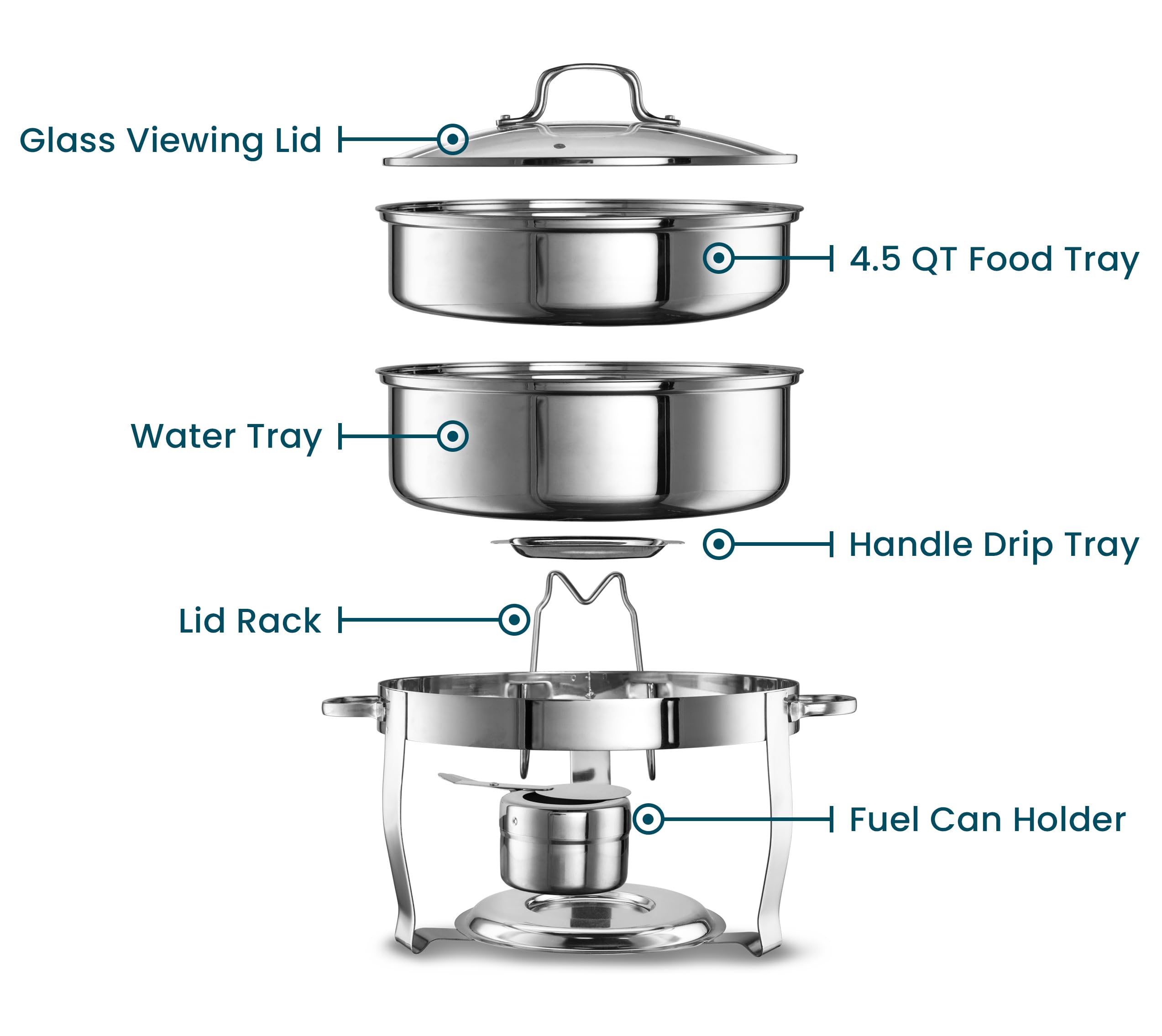 Chafing Dish for Buffet Set, by Kook, Catering Food Warmers, Round Dishes, Warmer Tray, Stainless Steel with Glass Cover and Holder, for Parties, Dinners, 4.5 Qt