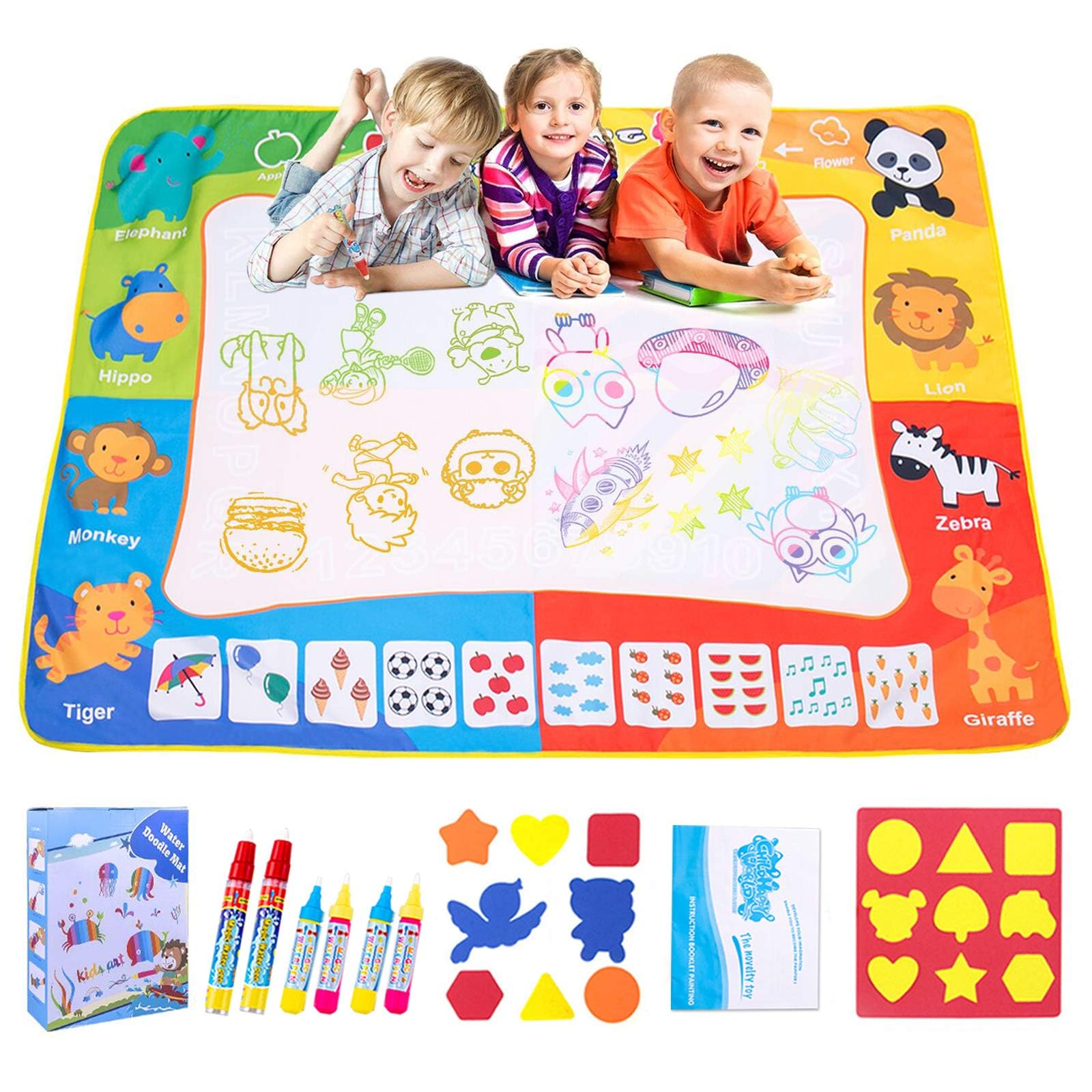 Omew Water Doodle Mat, Water Drawing Painting Mat Larger Size 120 X 90cm Mess-Free Water Magic Mat with 6 Magic Pens, 8 Stamps, 1 Mould and 1 Drawing Booklet for Kids Boys Girls