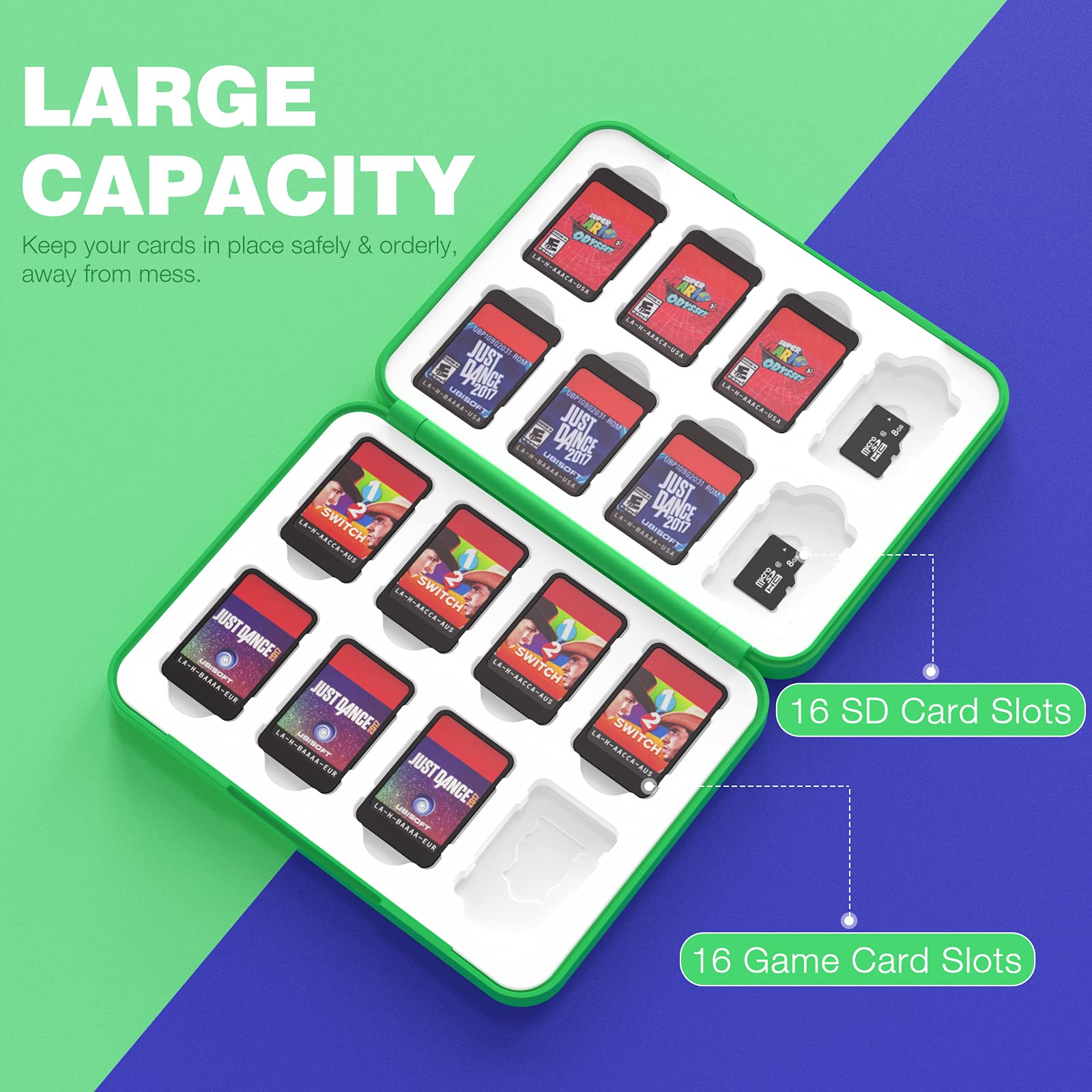 MoKo 16 Game Card Case Compatible with Nintendo Switch/Switch Lite/Switch OLED 2021, Switch Games Holder case for SD Card&Switch Game Card, Portable Game Card Holder Cartridge Storage Box, Luigi Green