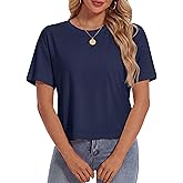 YUCOLEN Women's Crop Tops Summer Short Sleeve Cotton UPF 50+ Round Neck Casual Loose Cropped T-Shirts Solid Basic Tees