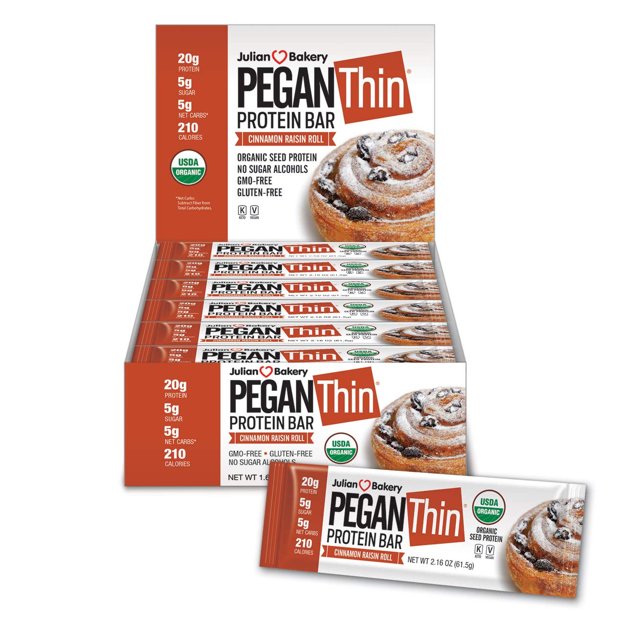 Julian Bakery Pegan Thin Protein Bar (Cinn Raisin Roll) (12 Bars) (20g Organic Sacha Inchi Seed Protein) (Vegan/Paleo) (5 Net Carbs)